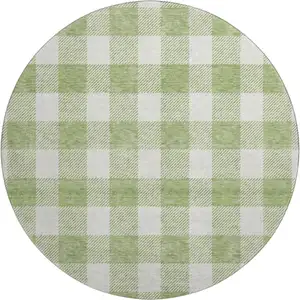 Photo of 8' Artichoke Green And Ivory Plaid Washable Round Rug With UV Protection
