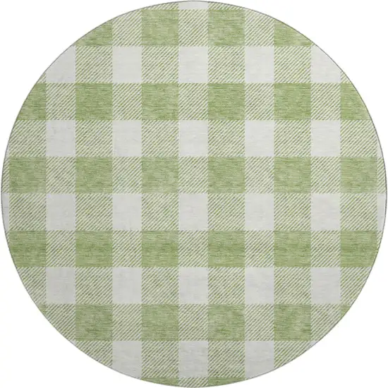 8' Artichoke Green And Ivory Plaid Washable Round Rug With UV Protection Photo 1