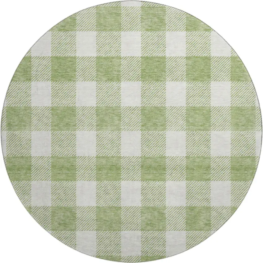 8' Artichoke Green And Ivory Plaid Washable Round Rug With UV Protection Photo 1