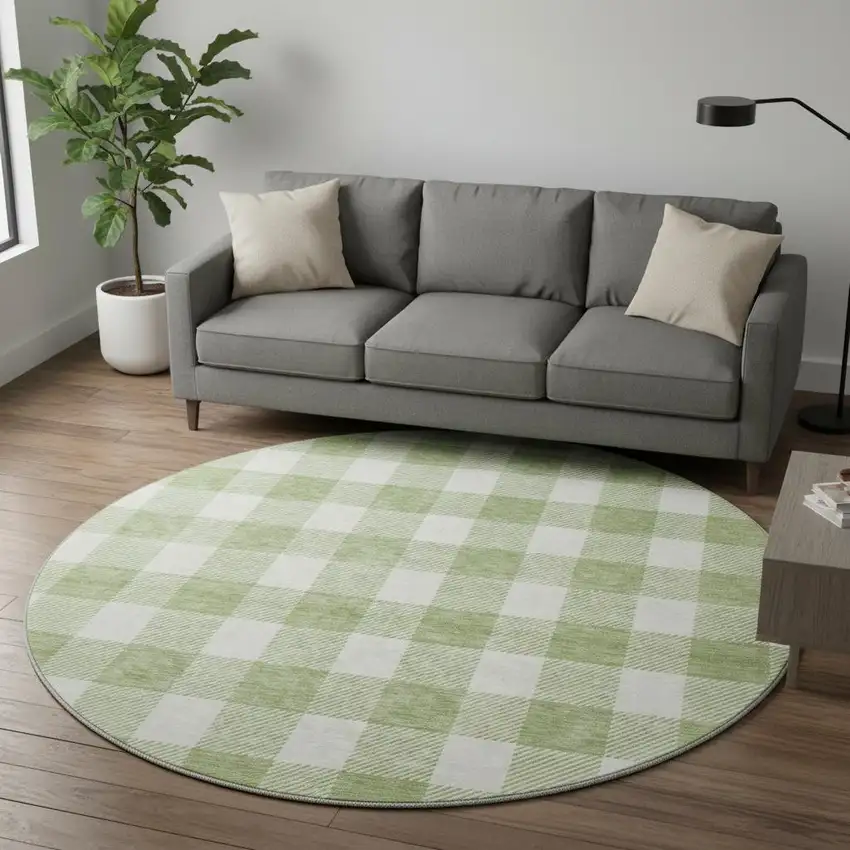 8' Artichoke Green And Ivory Plaid Washable Round Rug With UV Protection Photo 2