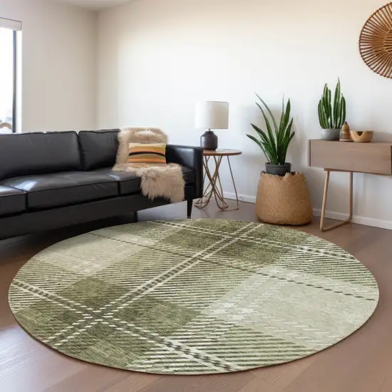8' Artichoke Green And Ivory Plaid Washable Round Rug With UV Protection Photo 4