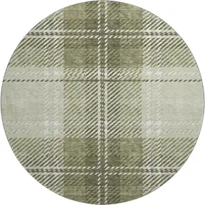 Photo of 8' Artichoke Green And Ivory Plaid Washable Round Rug With UV Protection