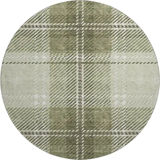 8' Artichoke Green And Ivory Plaid Washable Round Rug With UV Protection Photo 1