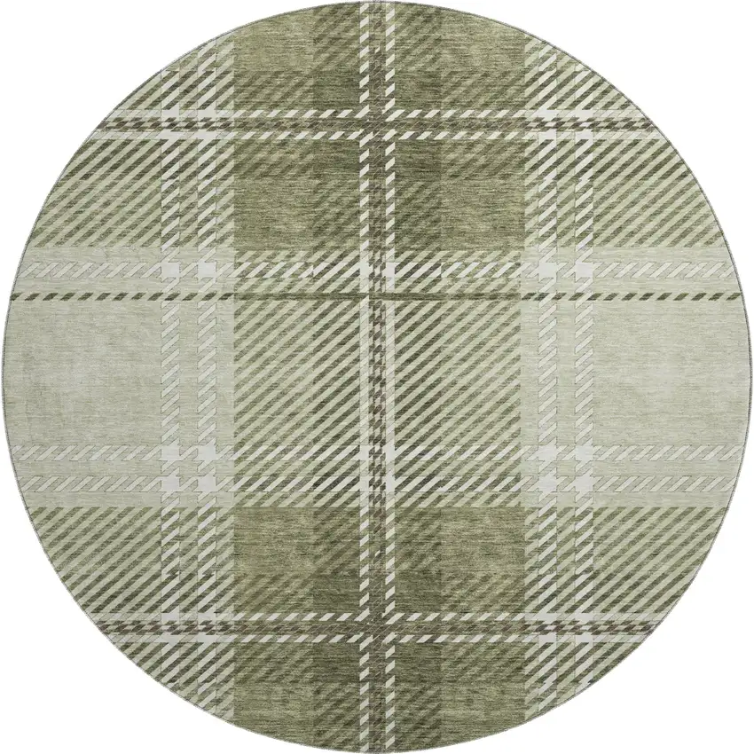 8' Artichoke Green And Ivory Plaid Washable Round Rug With UV Protection Photo 1