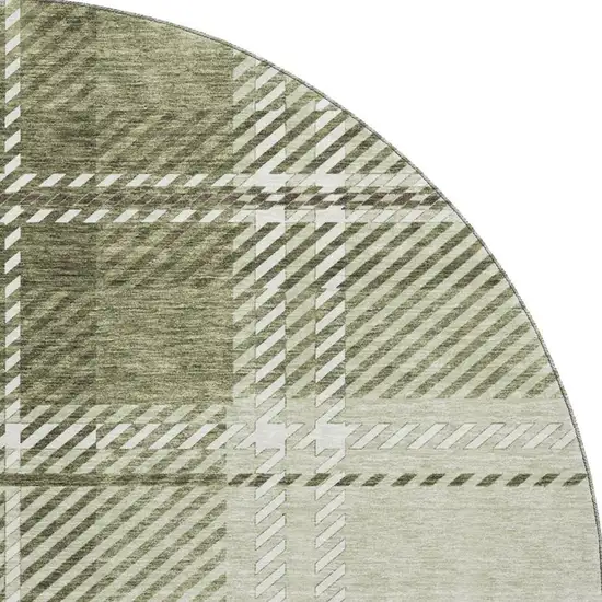 8' Artichoke Green And Ivory Plaid Washable Round Rug With UV Protection Photo 3