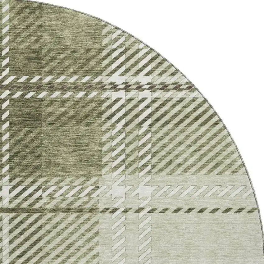 8' Artichoke Green And Ivory Plaid Washable Round Rug With UV Protection Photo 3
