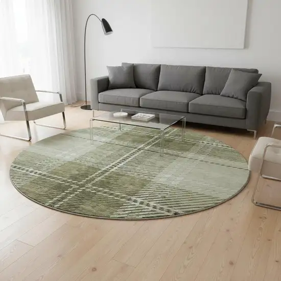 8' Artichoke Green And Ivory Plaid Washable Round Rug With UV Protection Photo 2