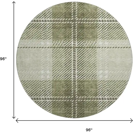 8' Artichoke Green And Ivory Plaid Washable Round Rug With UV Protection Photo 9