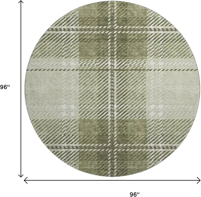 8' Artichoke Green And Ivory Plaid Washable Round Rug With UV Protection Photo 9