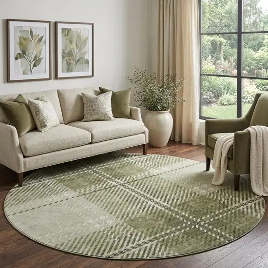 8' Artichoke Green And Ivory Plaid Washable Round Rug With UV Protection Photo 1