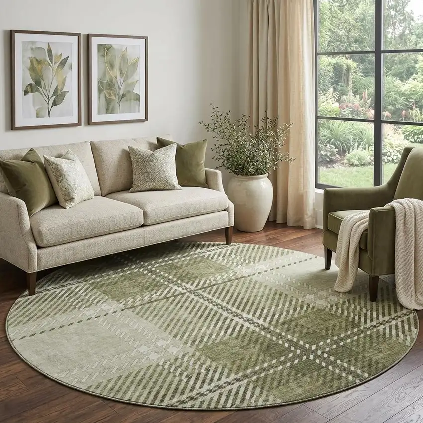 8' Artichoke Green And Ivory Plaid Washable Round Rug With UV Protection Photo 1