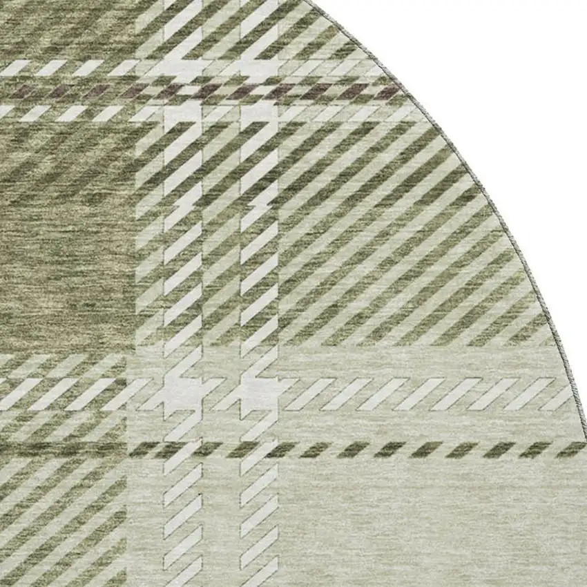 8' Artichoke Green And Ivory Plaid Washable Round Rug With UV Protection Photo 2