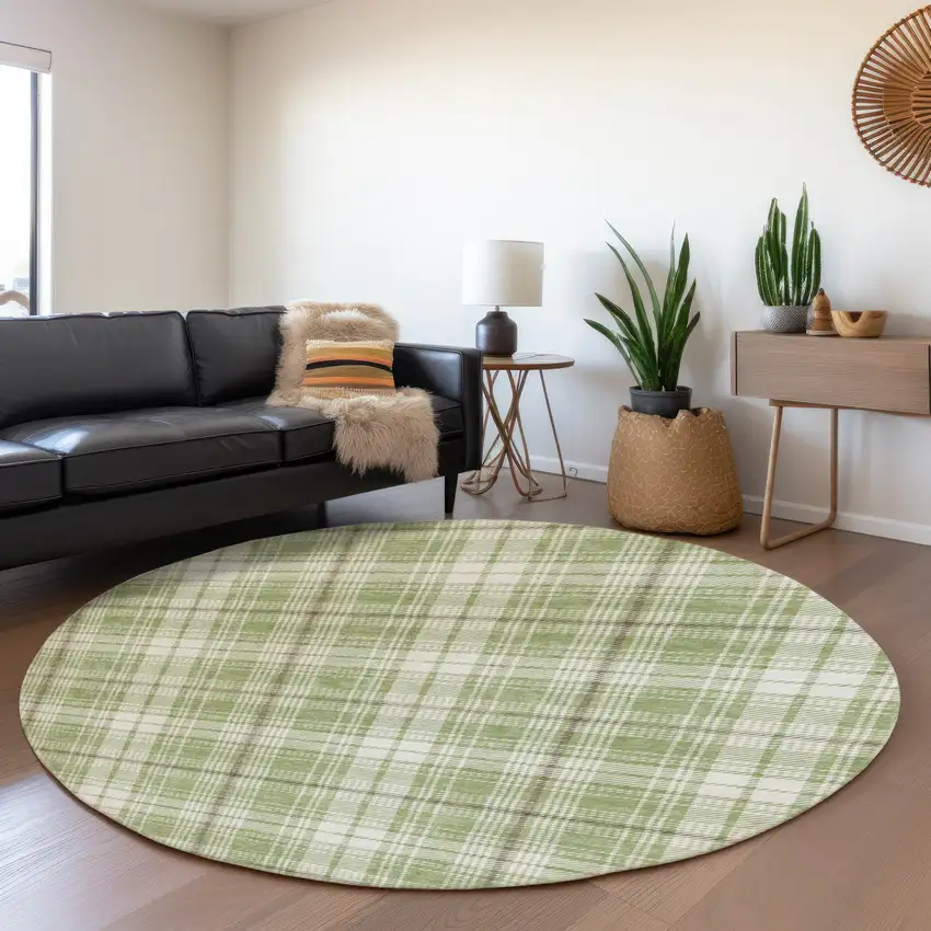 8' Artichoke Green And Ivory Plaid Washable Round Rug With UV Protection Photo 3
