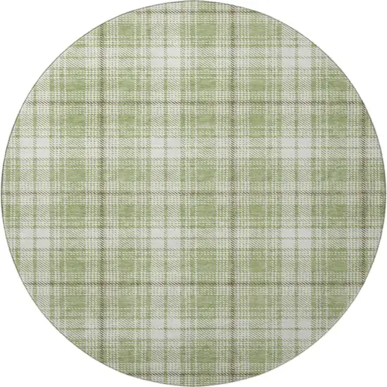 8' Artichoke Green And Ivory Plaid Washable Round Rug With UV Protection Photo 2