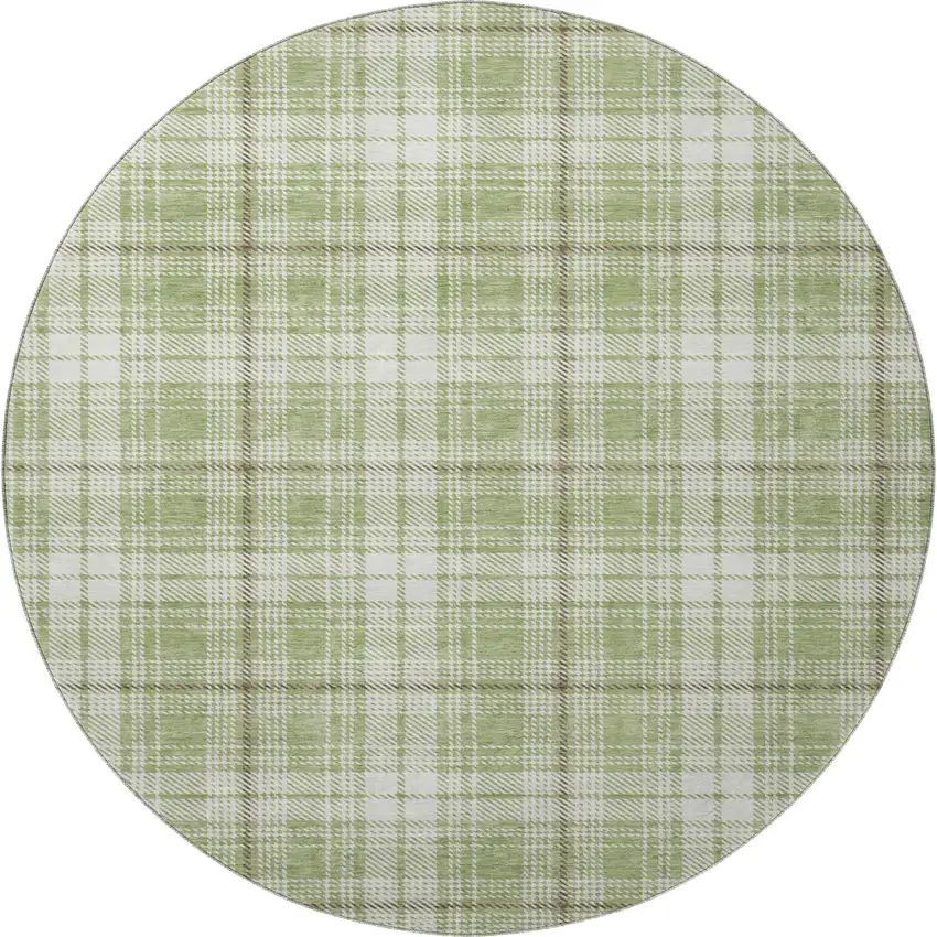 8' Artichoke Green And Ivory Plaid Washable Round Rug With UV Protection Photo 2