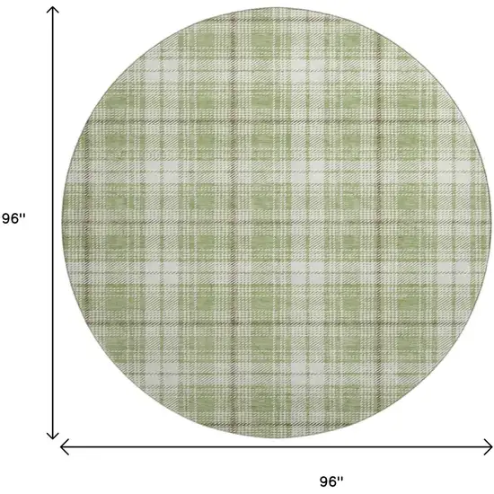 8' Artichoke Green And Ivory Plaid Washable Round Rug With UV Protection Photo 8