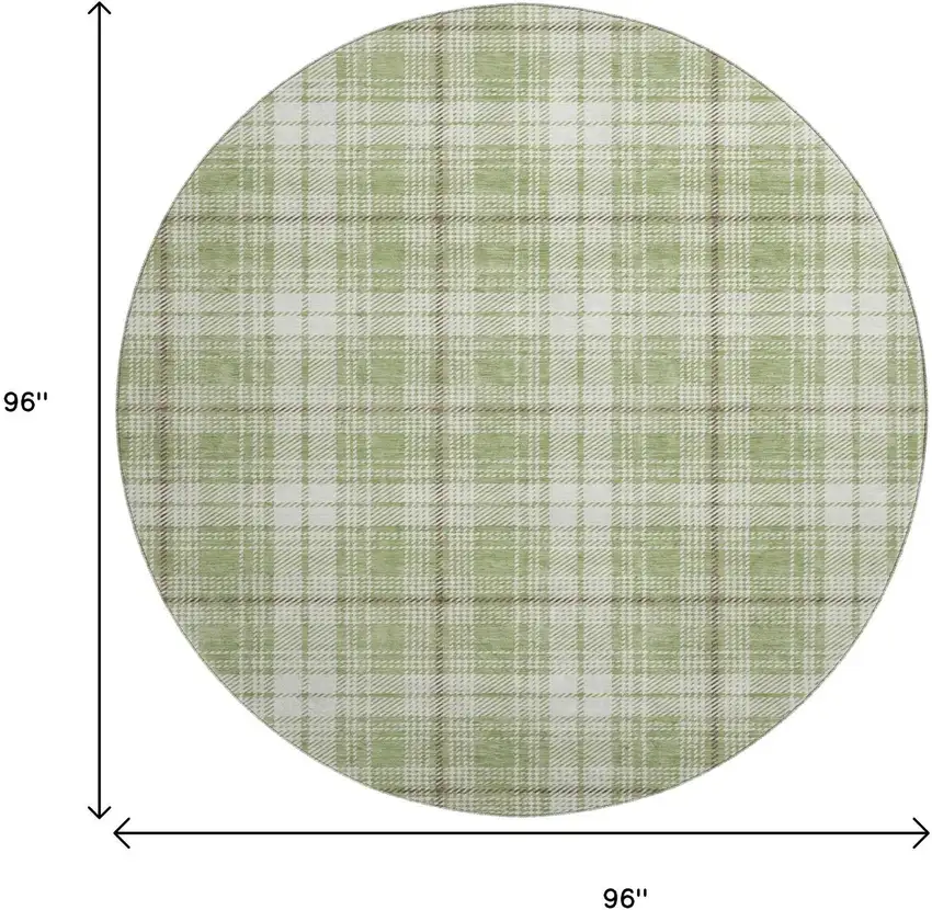 8' Artichoke Green And Ivory Plaid Washable Round Rug With UV Protection Photo 8