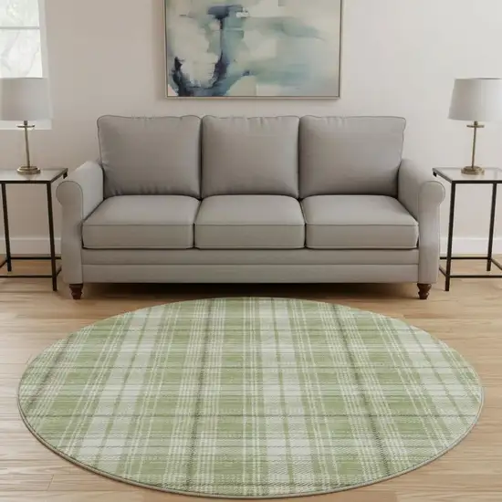 8' Artichoke Green And Ivory Plaid Washable Round Rug With UV Protection Photo 2