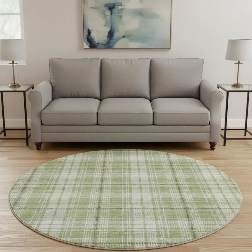 8' Artichoke Green And Ivory Plaid Washable Round Rug With UV Protection Photo 2