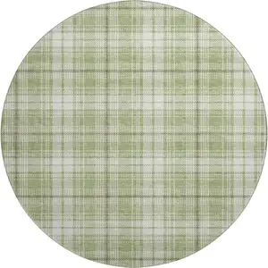 Photo of 8' Artichoke Green And Ivory Plaid Washable Round Rug With UV Protection