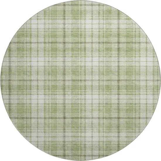 8' Artichoke Green And Ivory Plaid Washable Round Rug With UV Protection Photo 1