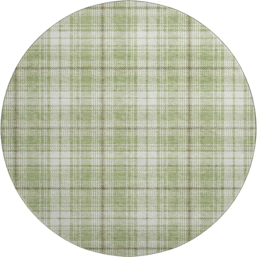 8' Artichoke Green And Ivory Plaid Washable Round Rug With UV Protection Photo 1