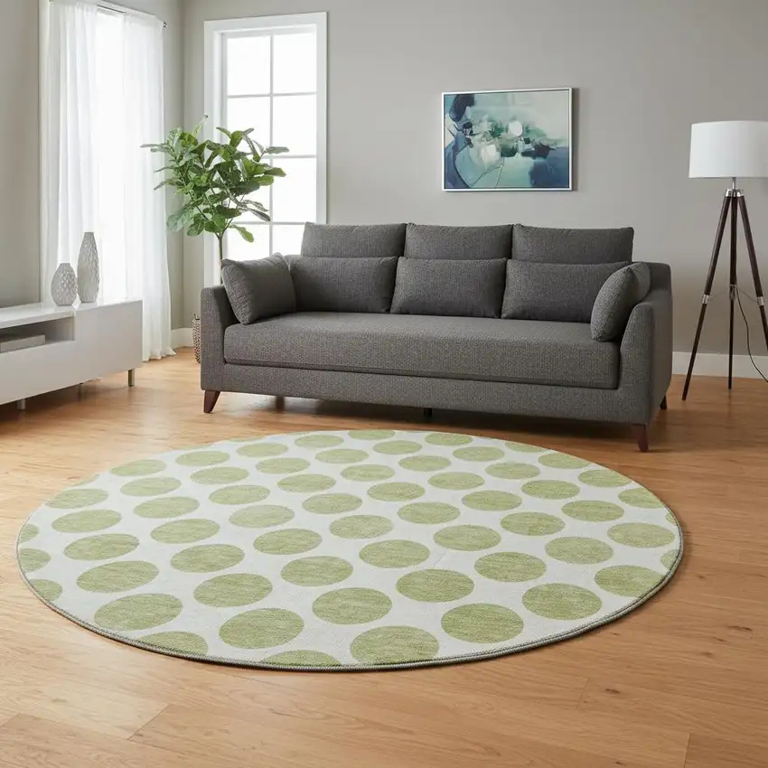 8' Artichoke Green And Ivory Polka Dot Washable Round Rug With UV Protection Photo 2