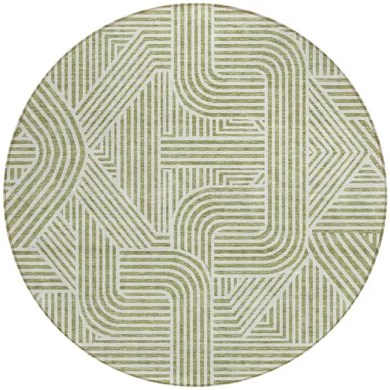 8' Artichoke Green And Ivory Round Abstract Washable Indoor Outdoor Area Rug Photo 5