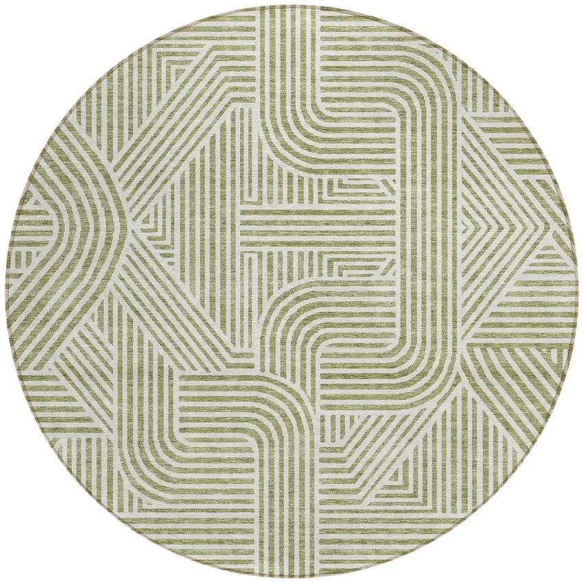 8' Artichoke Green And Ivory Round Abstract Washable Indoor Outdoor Area Rug Photo 5