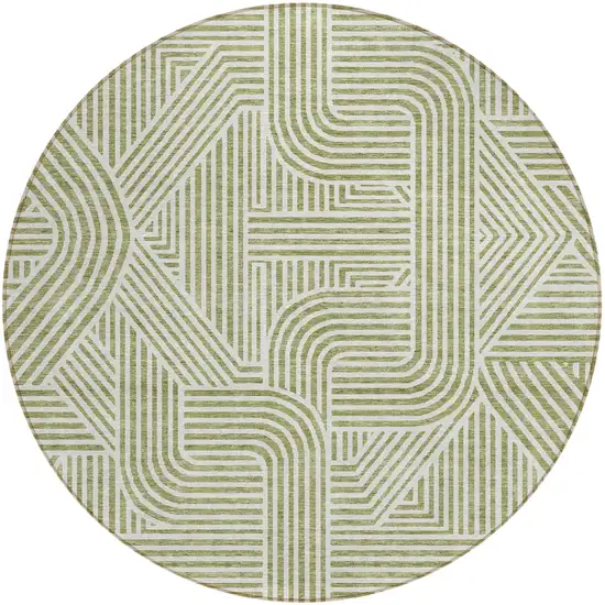 8' Artichoke Green And Ivory Round Abstract Washable Indoor Outdoor Area Rug Photo 2