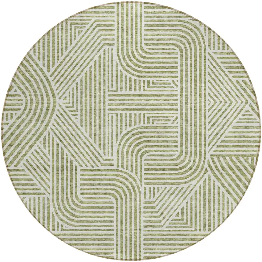 8' Artichoke Green And Ivory Round Abstract Washable Indoor Outdoor Area Rug Photo 2