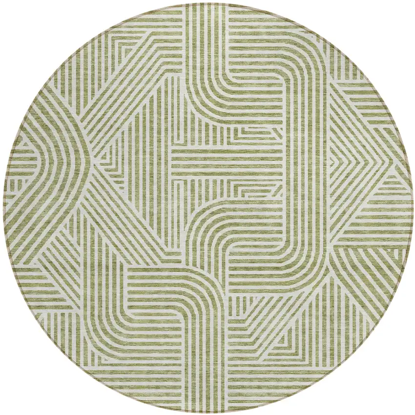 8' Artichoke Green And Ivory Round Abstract Washable Indoor Outdoor Area Rug Photo 2