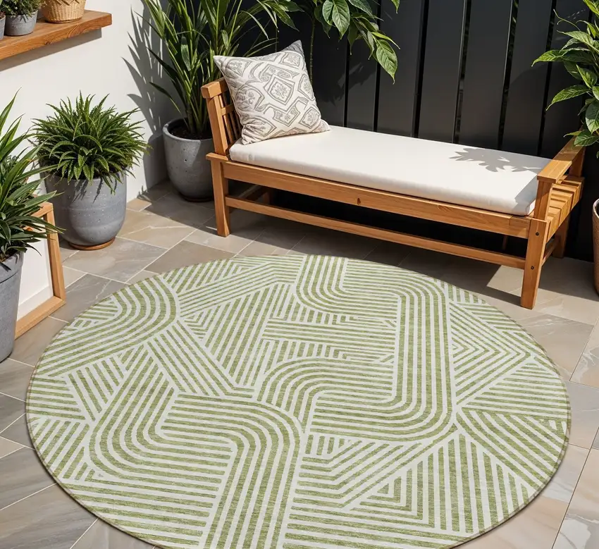 8' Artichoke Green And Ivory Round Abstract Washable Indoor Outdoor Area Rug Photo 1