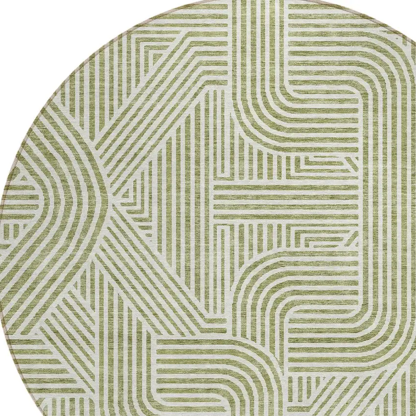 8' Artichoke Green And Ivory Round Abstract Washable Indoor Outdoor Area Rug Photo 3