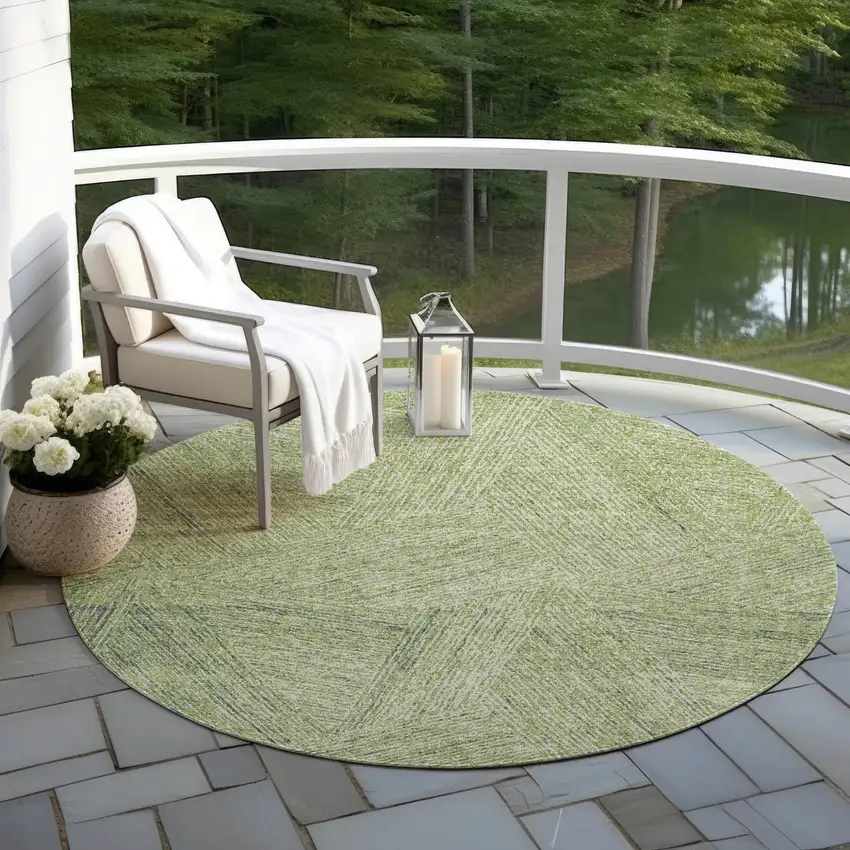 8' Artichoke Green And Ivory Round Abstract Washable Indoor Outdoor Area Rug Photo 5