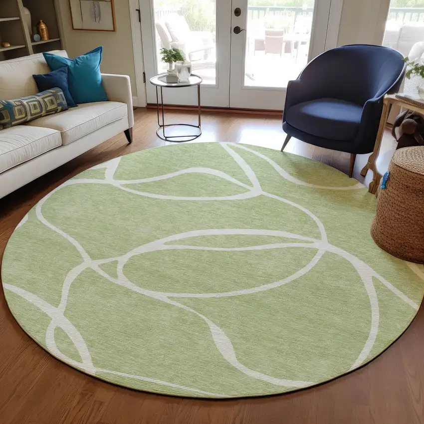 8' Artichoke Green And Ivory Round Abstract Washable Indoor Outdoor Area Rug Photo 8