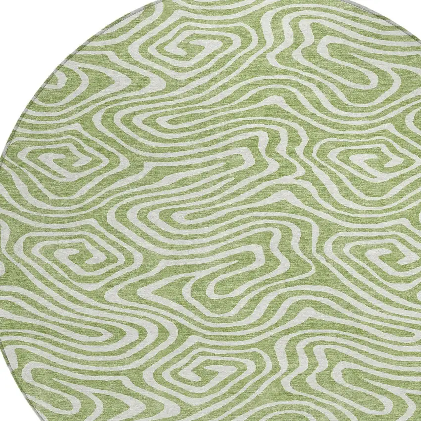 8' Artichoke Green And Ivory Round Abstract Washable Indoor Outdoor Area Rug Photo 4