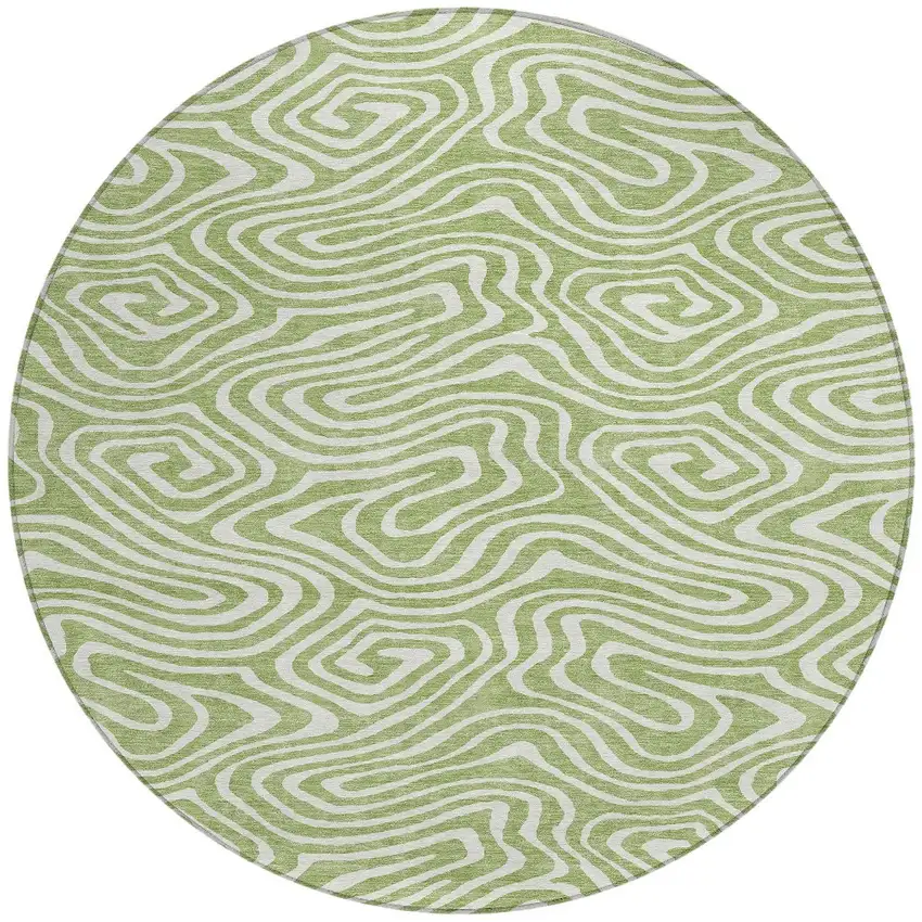 8' Artichoke Green And Ivory Round Abstract Washable Indoor Outdoor Area Rug Photo 4