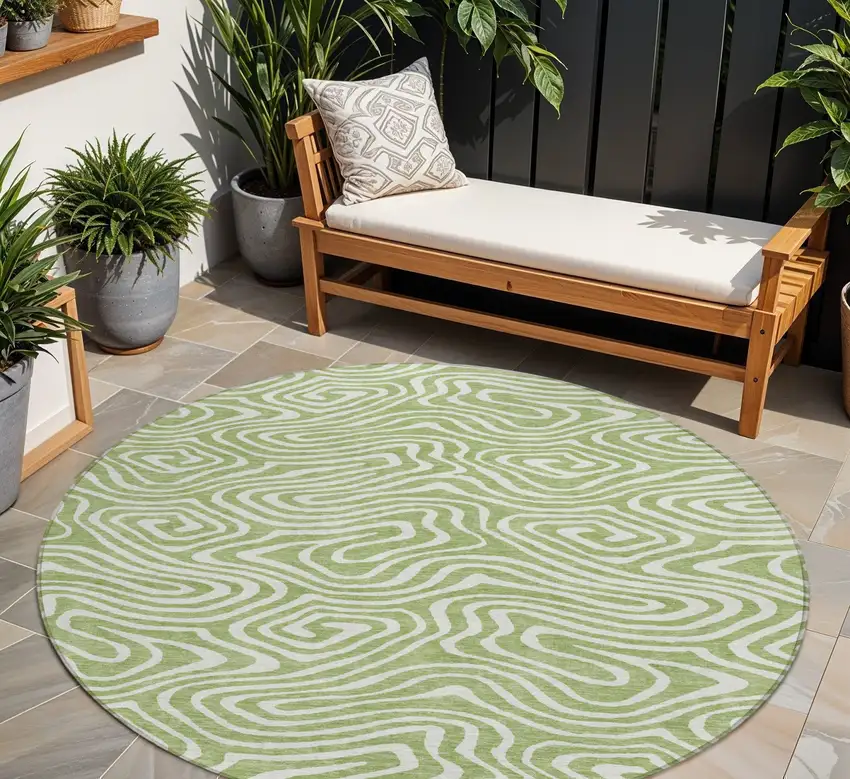 8' Artichoke Green And Ivory Round Abstract Washable Indoor Outdoor Area Rug Photo 1
