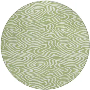 Photo of 8' Artichoke Green And Ivory Round Abstract Washable Indoor Outdoor Area Rug