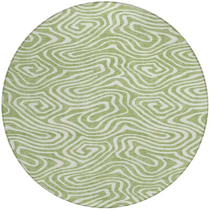 8' Artichoke Green And Ivory Round Abstract Washable Indoor Outdoor Area Rug Photo 2