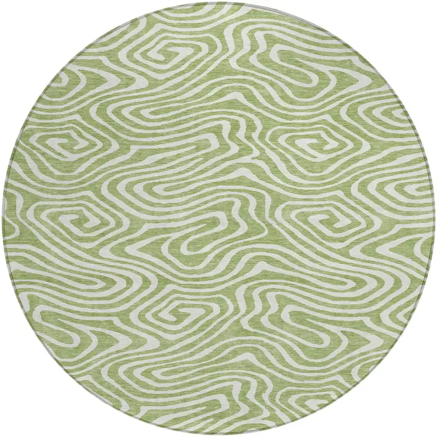 8' Artichoke Green And Ivory Round Abstract Washable Indoor Outdoor Area Rug Photo 2