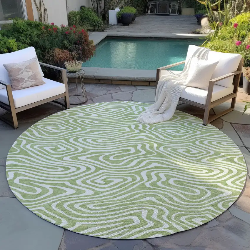 8' Artichoke Green And Ivory Round Abstract Washable Indoor Outdoor Area Rug Photo 6