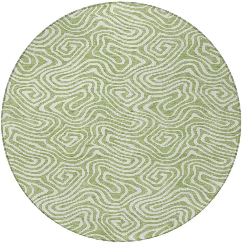 8' Artichoke Green And Ivory Round Abstract Washable Indoor Outdoor Area Rug Photo 5
