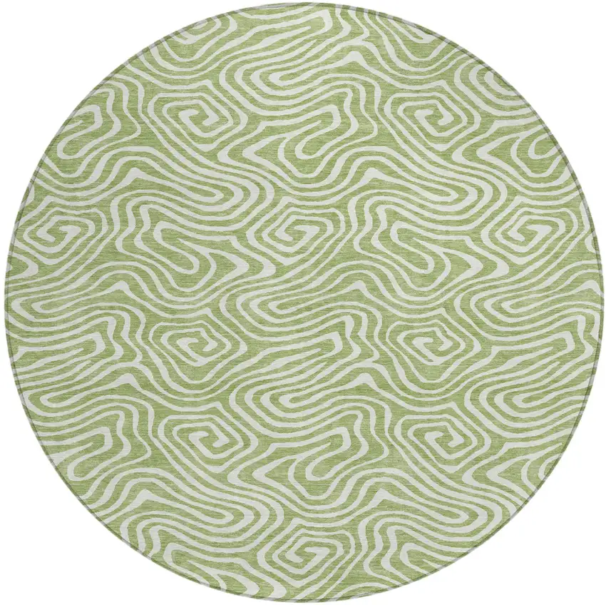 8' Artichoke Green And Ivory Round Abstract Washable Indoor Outdoor Area Rug Photo 2