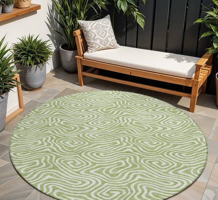 8' Artichoke Green And Ivory Round Abstract Washable Indoor Outdoor Area Rug Photo 1