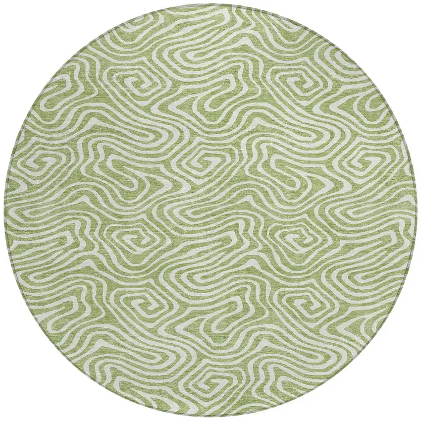 8' Artichoke Green And Ivory Round Abstract Washable Indoor Outdoor Area Rug Photo 4