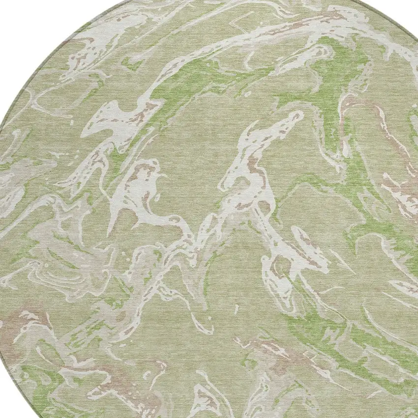 8' Artichoke Green And Ivory Round Abstract Washable Indoor Outdoor Area Rug Photo 5