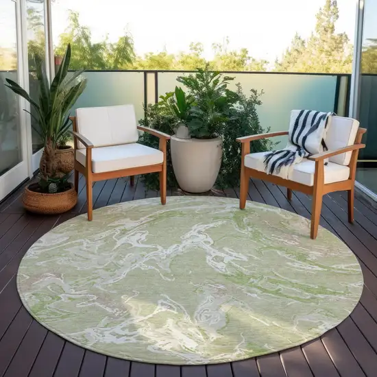 8' Artichoke Green And Ivory Round Abstract Washable Indoor Outdoor Area Rug Photo 7