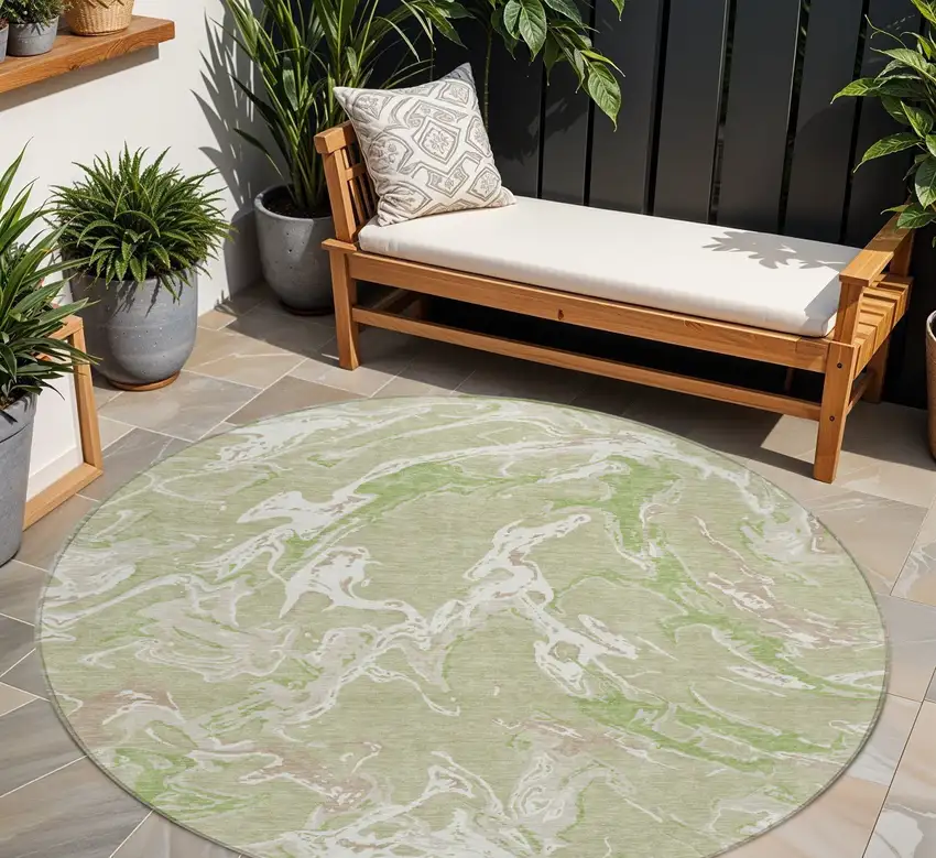 8' Artichoke Green And Ivory Round Abstract Washable Indoor Outdoor Area Rug Photo 1